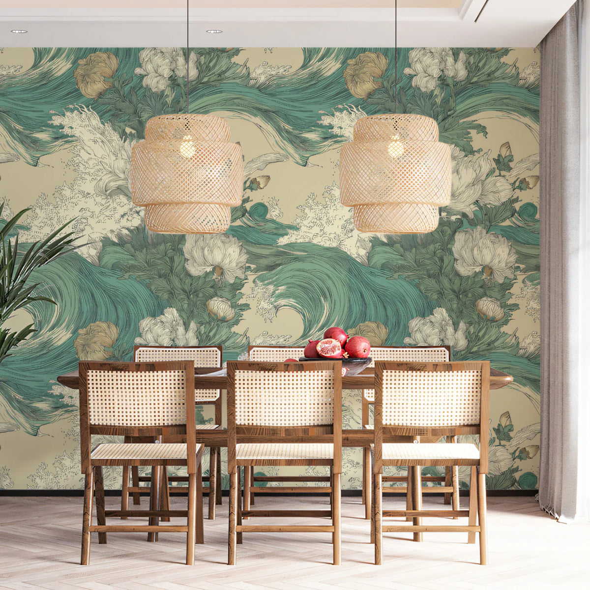 Japanese Wave and Peony Mural Wallpaper — Artistic Chinoiserie Mural Wallpaper - pure wallpaper artwork