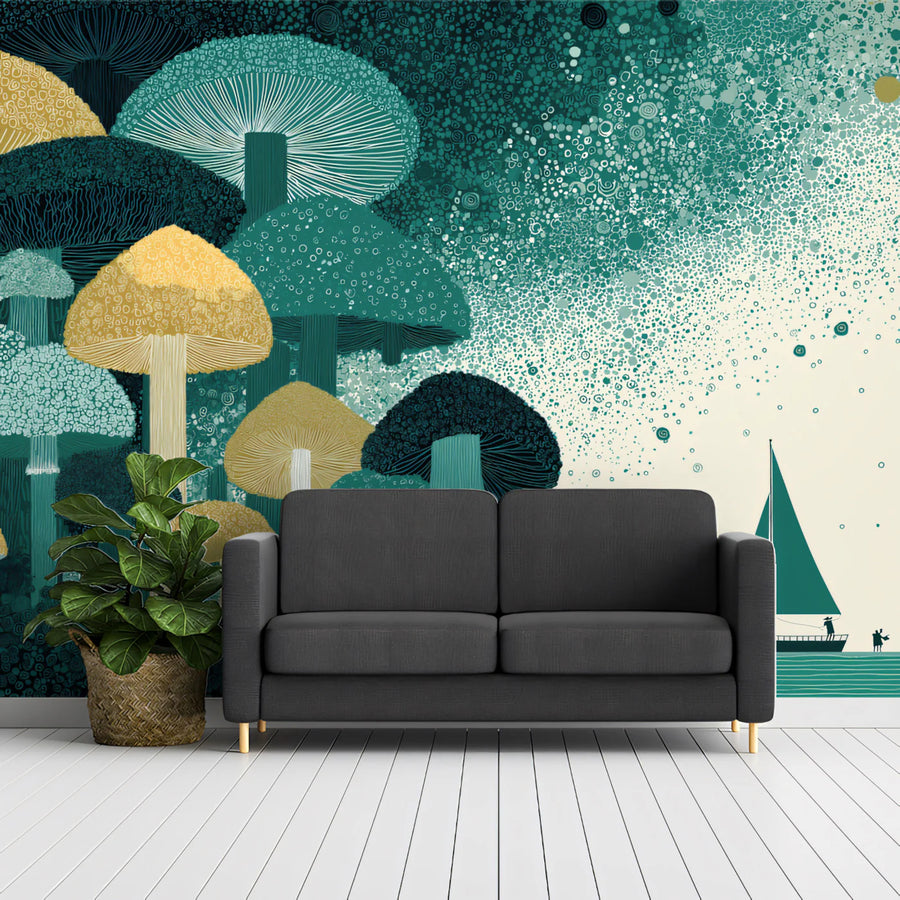 Mushroom Forest and Sailboat Mural Wallpaper — Whimsical Decor Mural Wallpaper