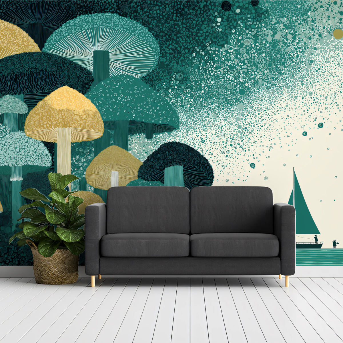 Mushroom Forest and Sailboat Mural Wallpaper — Whimsical Decor Mural Wallpaper - pure wallpaper artwork