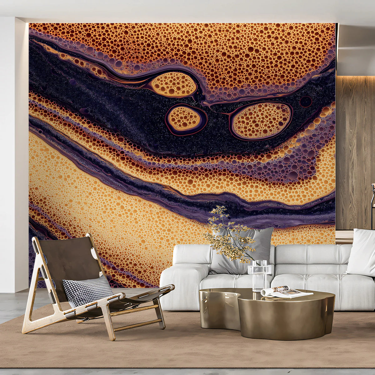 Fluid Cell Abstract Mural Wallpaper — Deep Gold and Purple Swirls Mural Wallpaper - pure wallpaper artwork