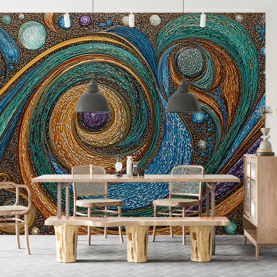 Abstract Swirl Mural Wallpaper — Ornate Teal and Metallic Gold Mural Wallpaper