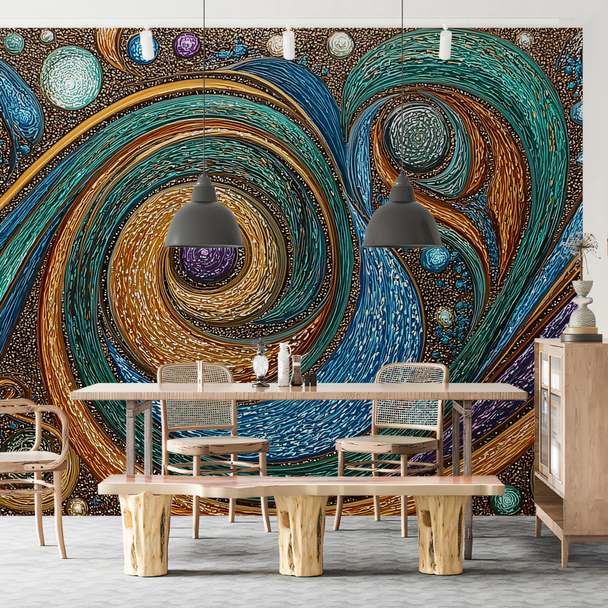 Abstract Swirl Mural Wallpaper — Ornate Teal and Metallic Gold Mural Wallpaper - pure wallpaper artwork