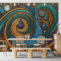 Abstract Swirl Mural Wallpaper — Ornate Teal and Metallic Gold Mural Wallpaper - pure wallpaper artwork
