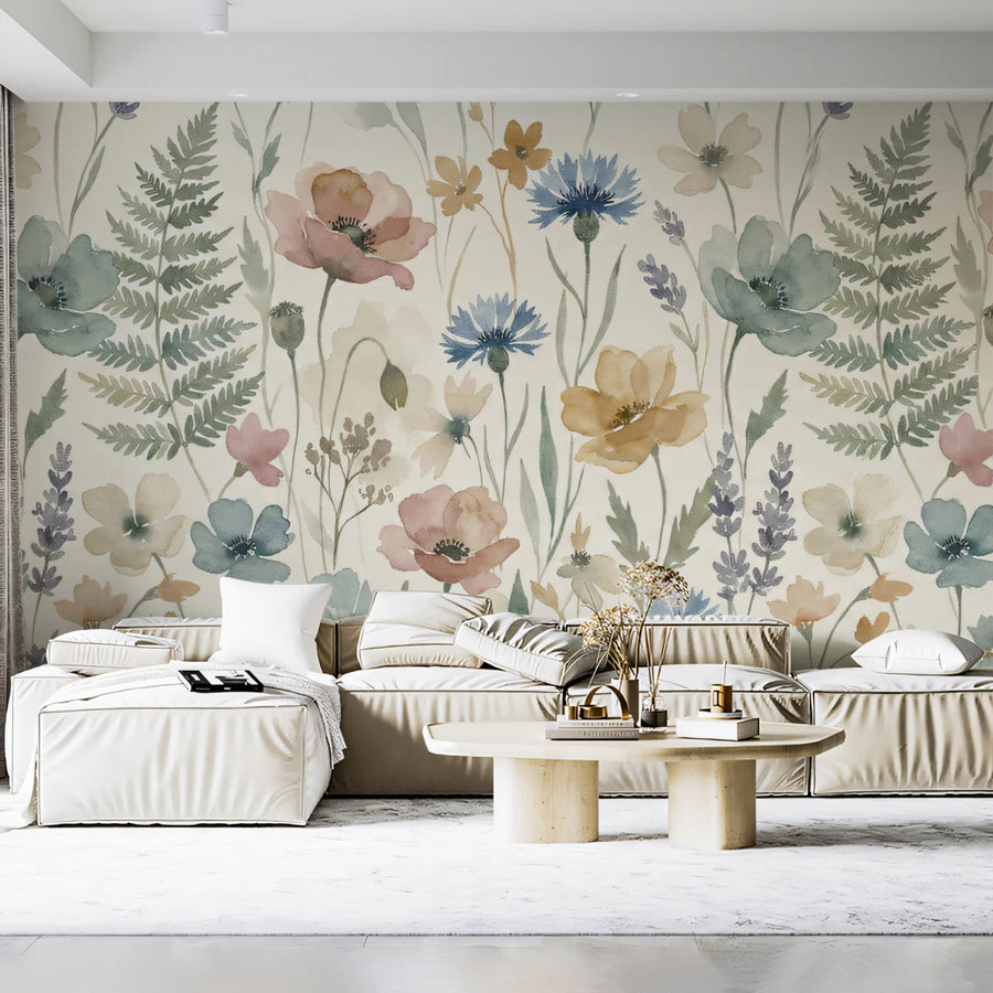 Watercolor Wildflower Meadow Mural Wallpaper — Cottagecore Floral Art Mural Wallpaper