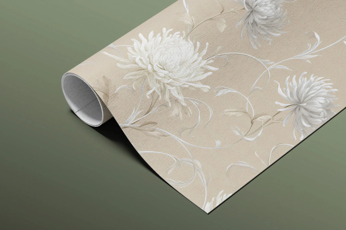 Cream Chrysanthemum Floral Mural Wallpaper — Traditional Botanical Mural Wallpaper - pure wallpaper artwork