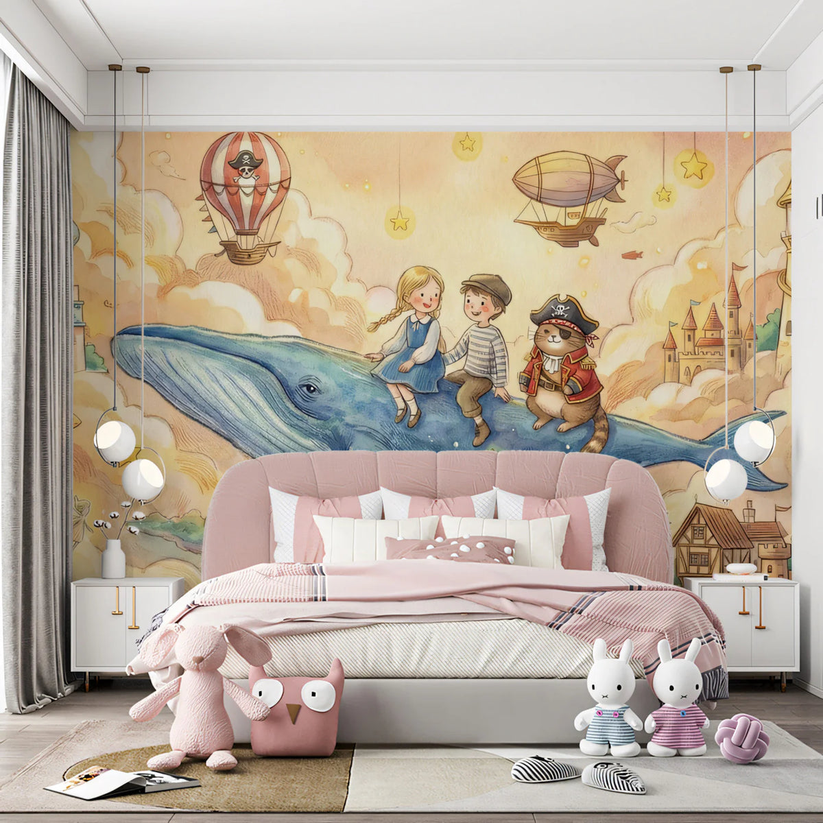 Floating Whale and Sky Castle Mural Wallpaper — Whimsical Storybook Mural Wallpaper - pure wallpaper artwork
