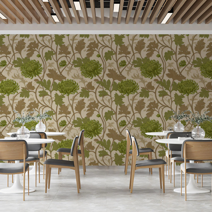Olive Chrysanthemum Botanical Mural Wallpaper — Heritage Floral Mural Wallpaper