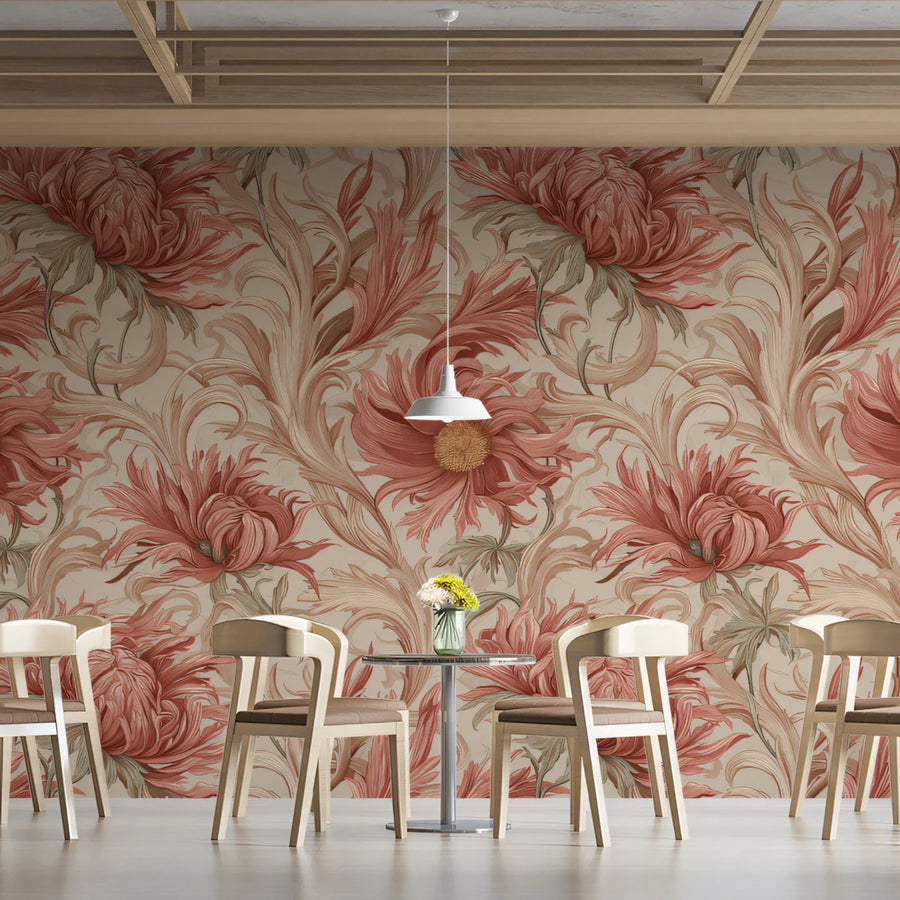 Terracotta Peony Botanical Mural Wallpaper — Ornate Floral Art Mural Wallpaper