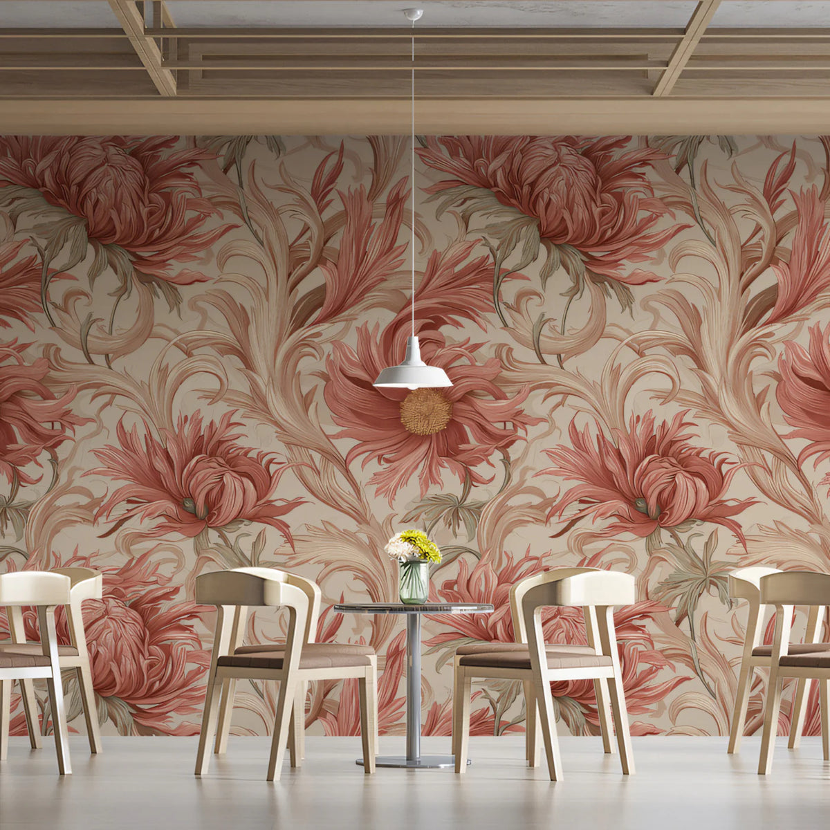 Terracotta Peony Botanical Mural Wallpaper — Ornate Floral Art Mural Wallpaper - pure wallpaper artwork