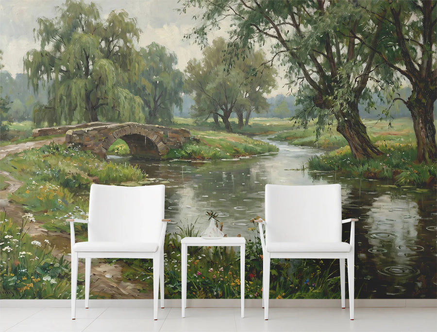Riverside Stone Bridge Mural Wallpaper — Impressionist Oil Painting Mural Wallpaper