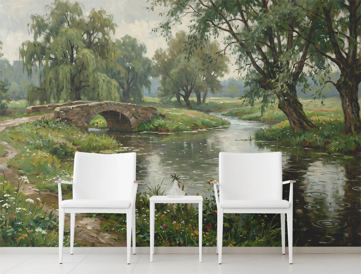 Riverside Stone Bridge Mural Wallpaper — Impressionist Oil Painting Mural Wallpaper - pure wallpaper artwork
