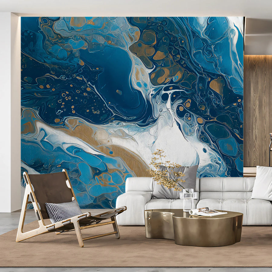 Teal and Gold Liquid Marble Mural Wallpaper — Artistic Flow Mural Wallpaper
