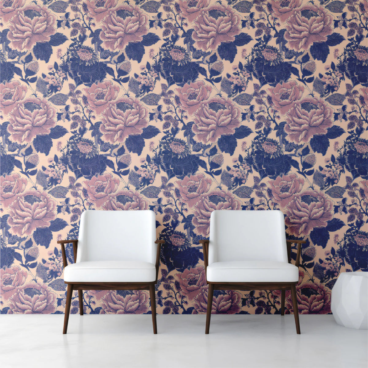 Vintage Rose Garden Mural Wallpaper — Muted Navy and Dusty Pink Mural Wallpaper - pure wallpaper artwork