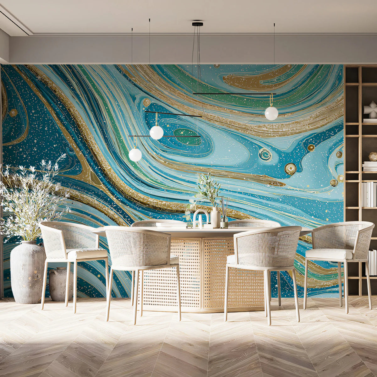 Fluid Marble Swirl Mural Wallpaper in Teal and Gold Mural Wallpaper - pure wallpaper artwork