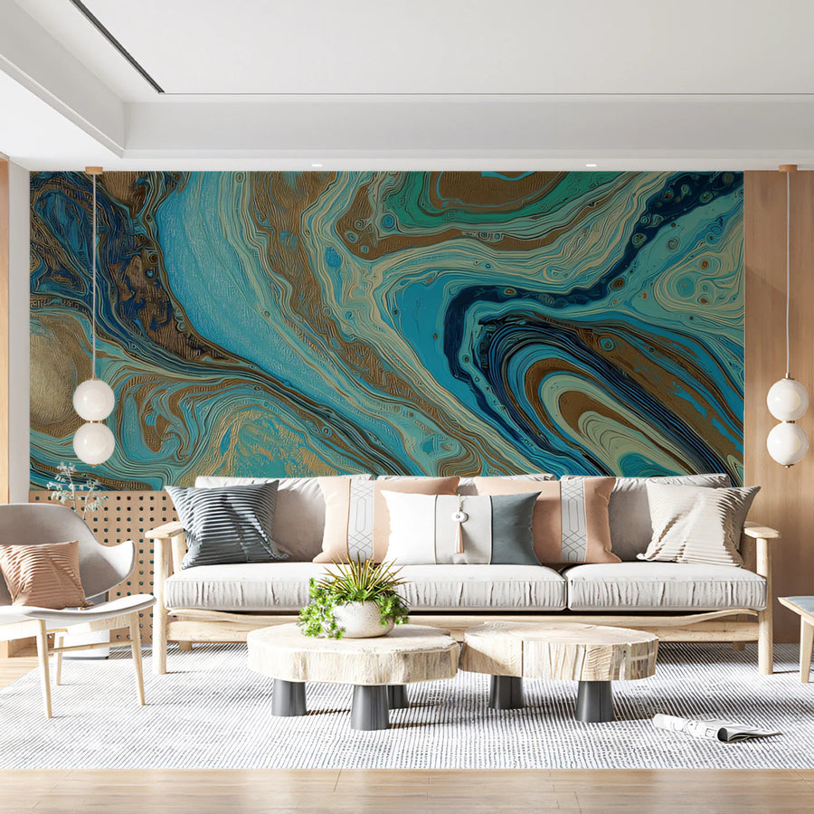 Turquoise and Bronze Fluid Art Mural Wallpaper