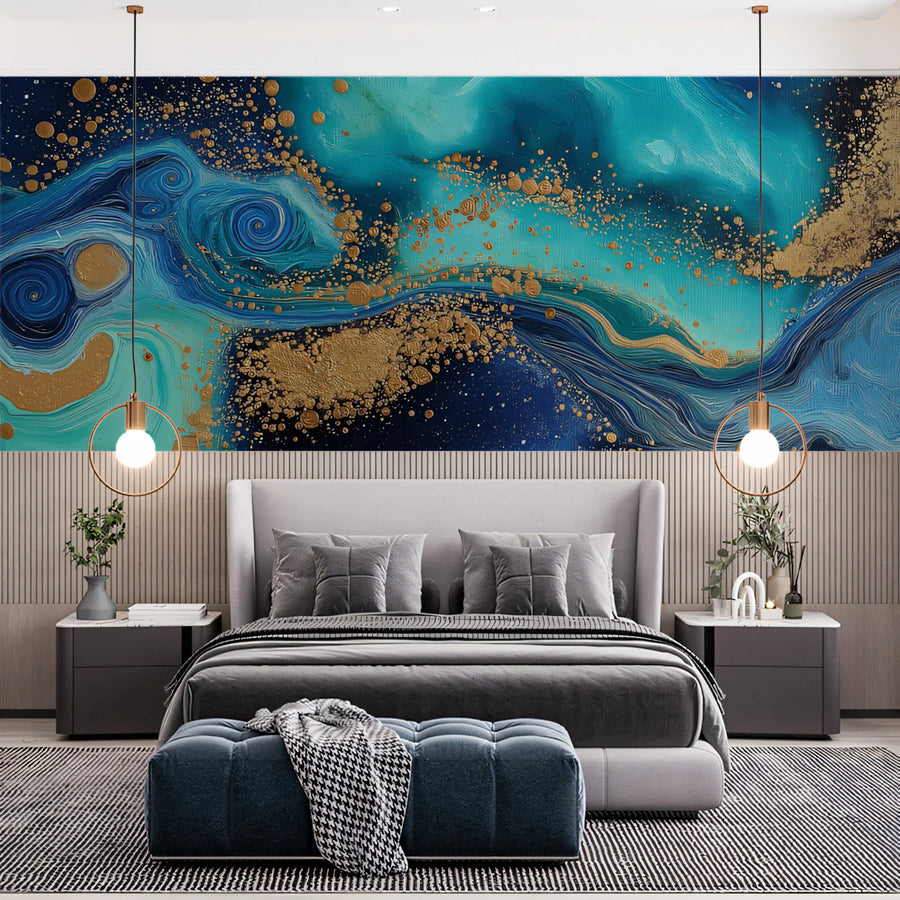 Cosmic Nebula Mural Wallpaper — Fluid Teal and Gold Swirls Mural Wallpaper