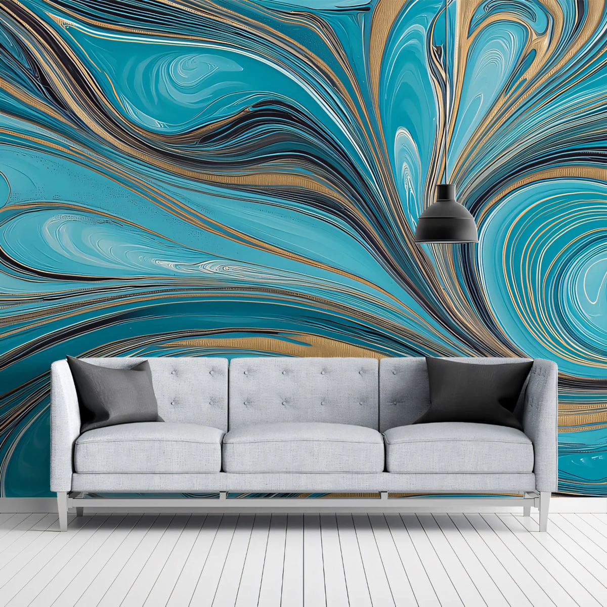 Turquoise and Gold Marble Swirl Mural Wallpaper — Fluid Art Design Mural Wallpaper - pure wallpaper artwork