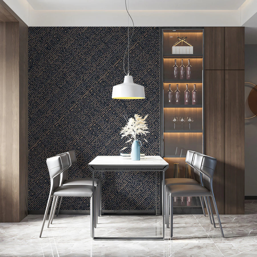 Intricate Navy Labyrinth Mural Wallpaper — Modern Architectural Style Mural Wallpaper