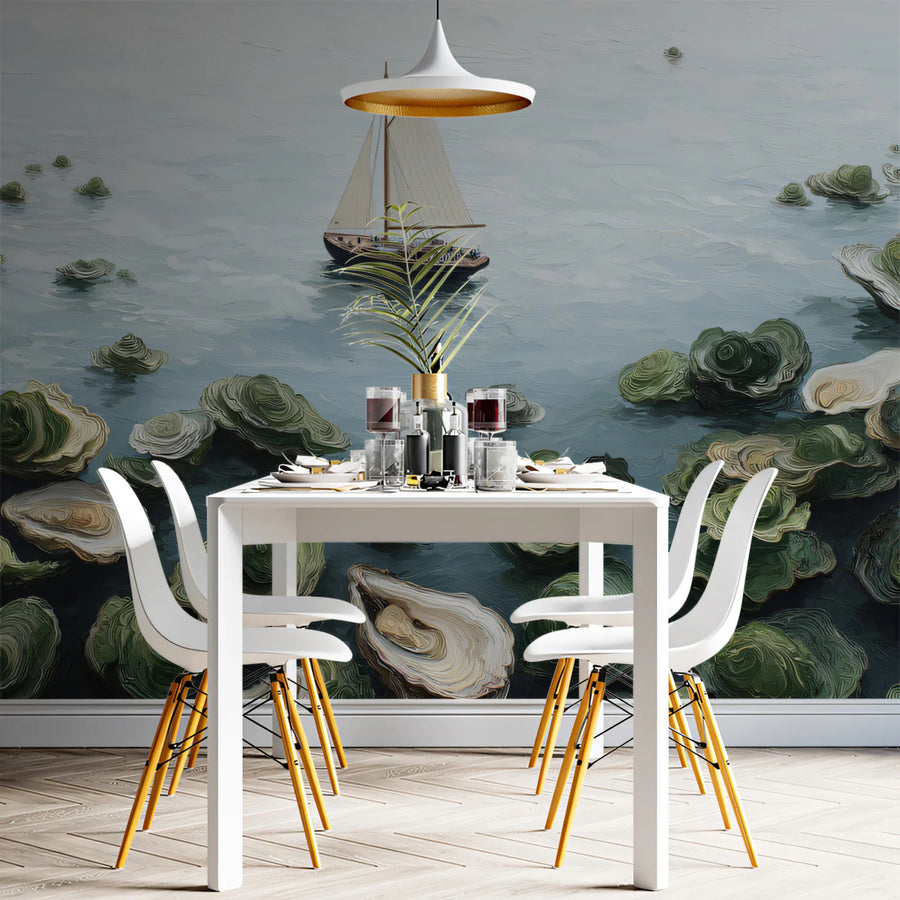 Sailboat and Oyster Shells Mural Wallpaper — Impressionist Seascape Mural Wallpaper