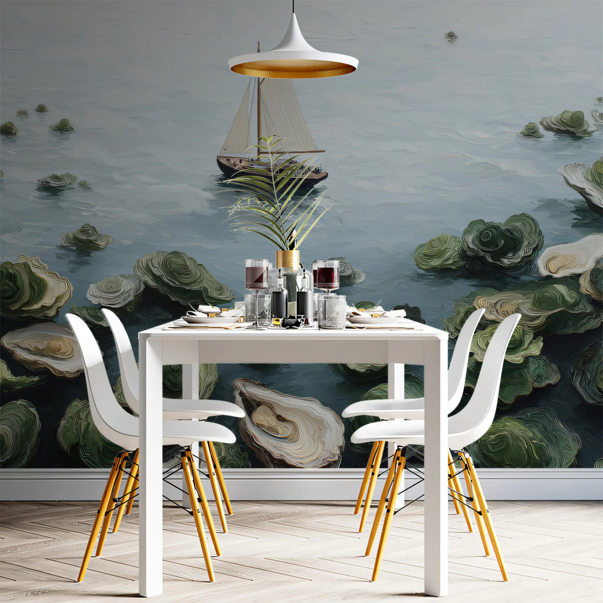 Sailboat and Oyster Shells Mural Wallpaper — Impressionist Seascape Mural Wallpaper - pure wallpaper artwork