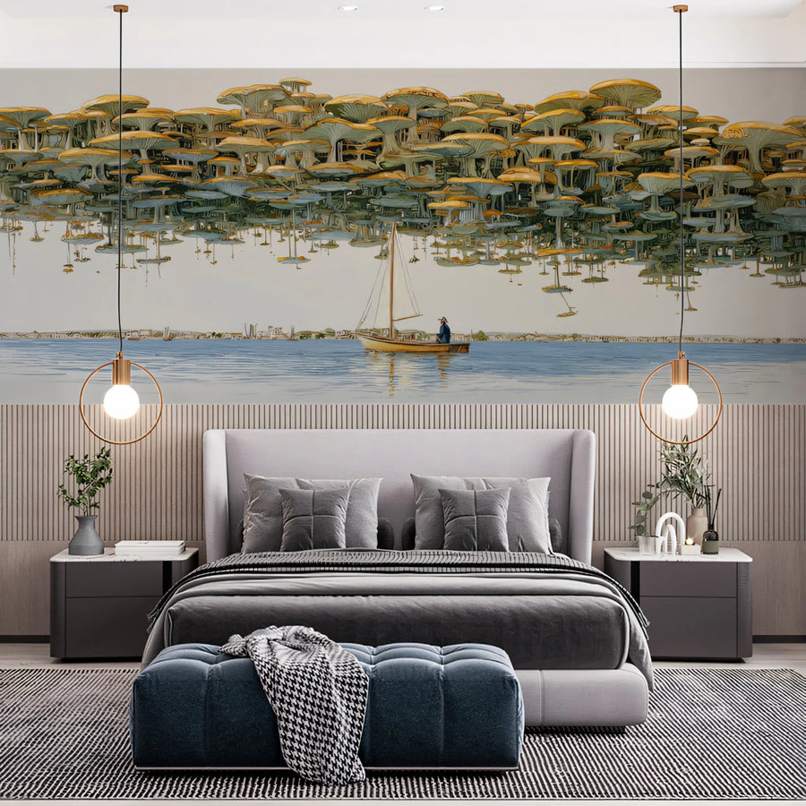 Floating Mushroom Forest Mural Wallpaper — Whimsical Coastal Scene Mural Wallpaper
