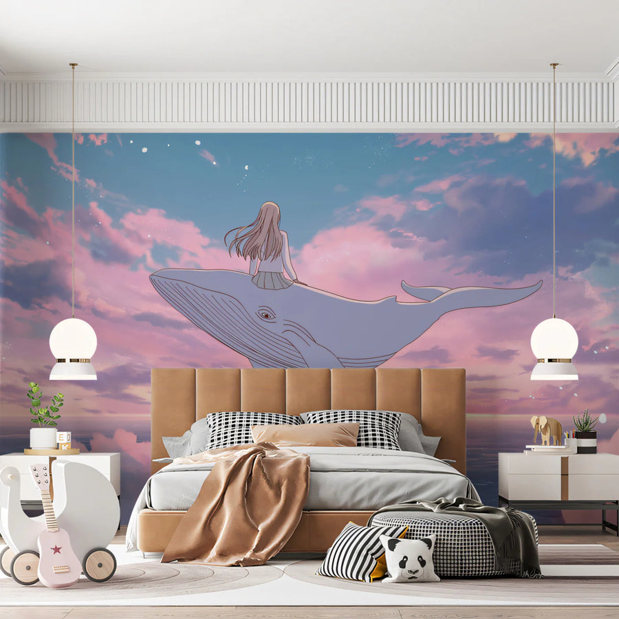 Flying Whale Anime Mural Wallpaper — Dreamy Twilight Sunset Mural Wallpaper