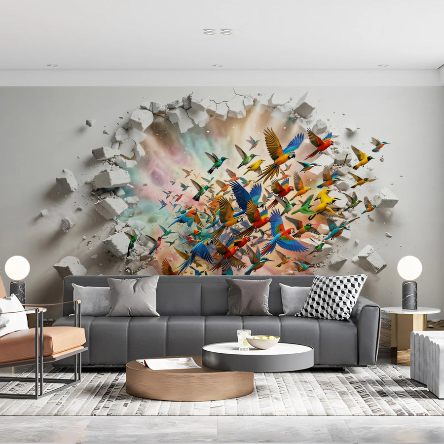 Hummingbird Burst Mural Wallpaper — Vibrant 3D Illusion Design Mural Wallpaper