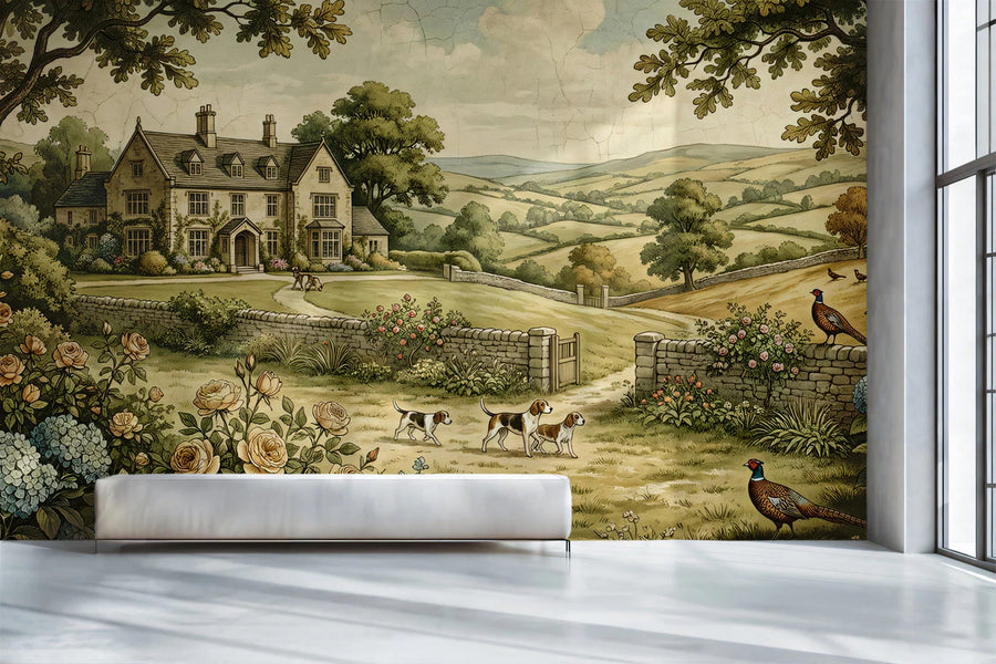 English Manor Pastoral Mural Wallpaper — Traditional Landscape Art Mural Wallpaper