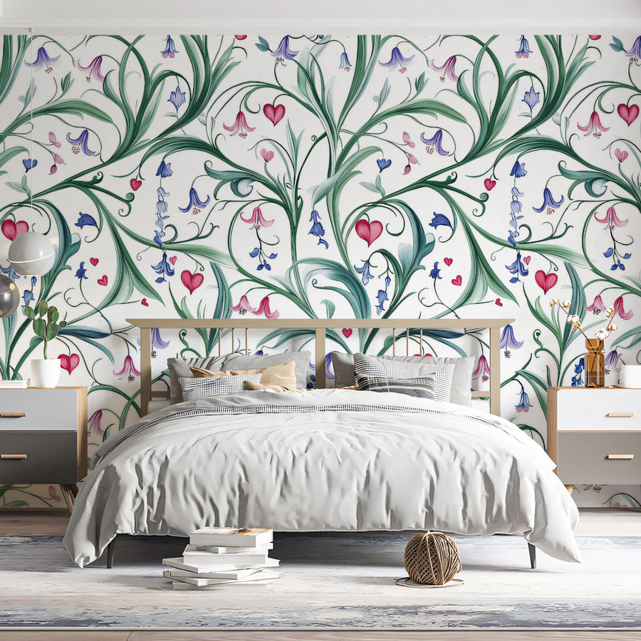 Entwined Lily and Heart Botanical Mural Wallpaper