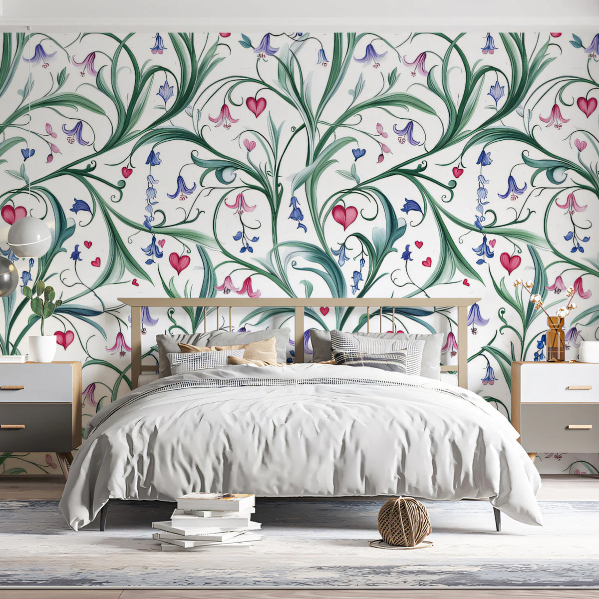 Entwined Lily and Heart Botanical Mural Wallpaper - pure wallpaper artwork