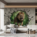 Roaring Lion Concrete Breach Mural Wallpaper — Realistic 3D Design Mural Wallpaper - pure wallpaper artwork