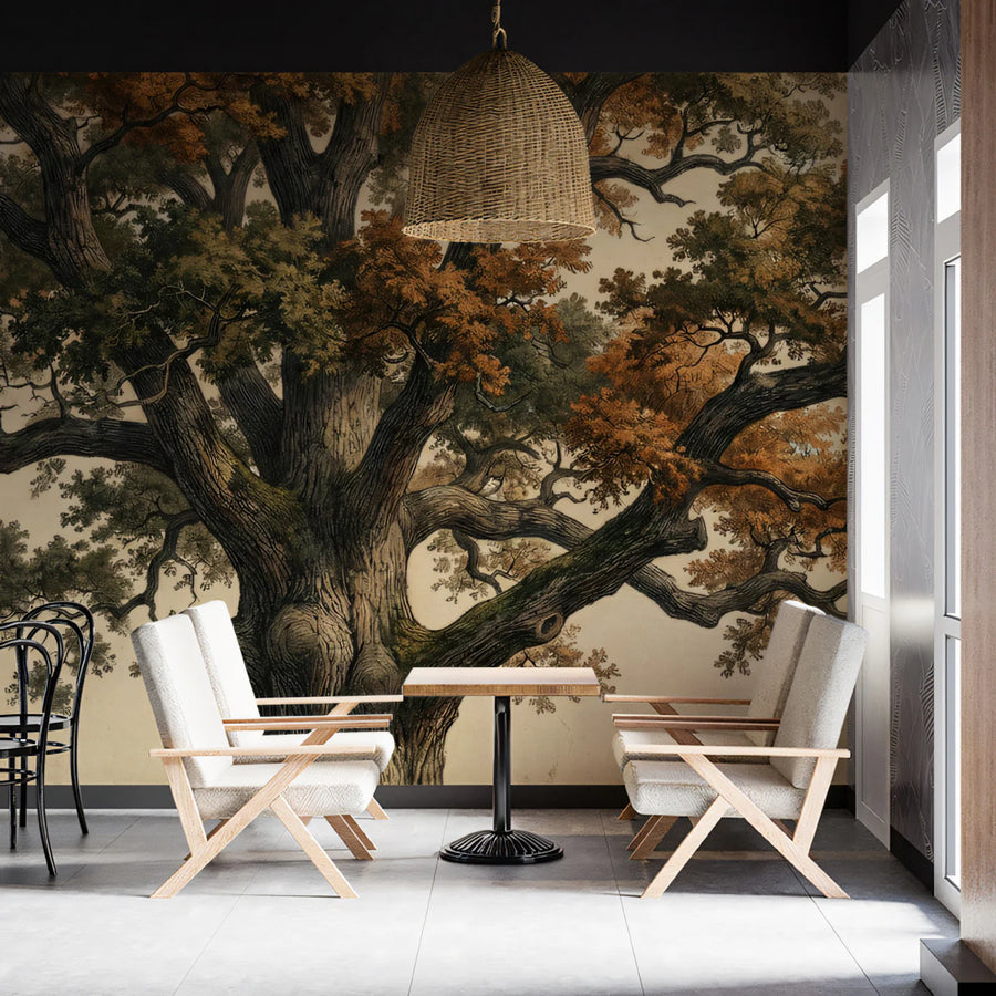 Ancient Oak Tree Mural Wallpaper — Vintage Botanical Engraving Mural Wallpaper