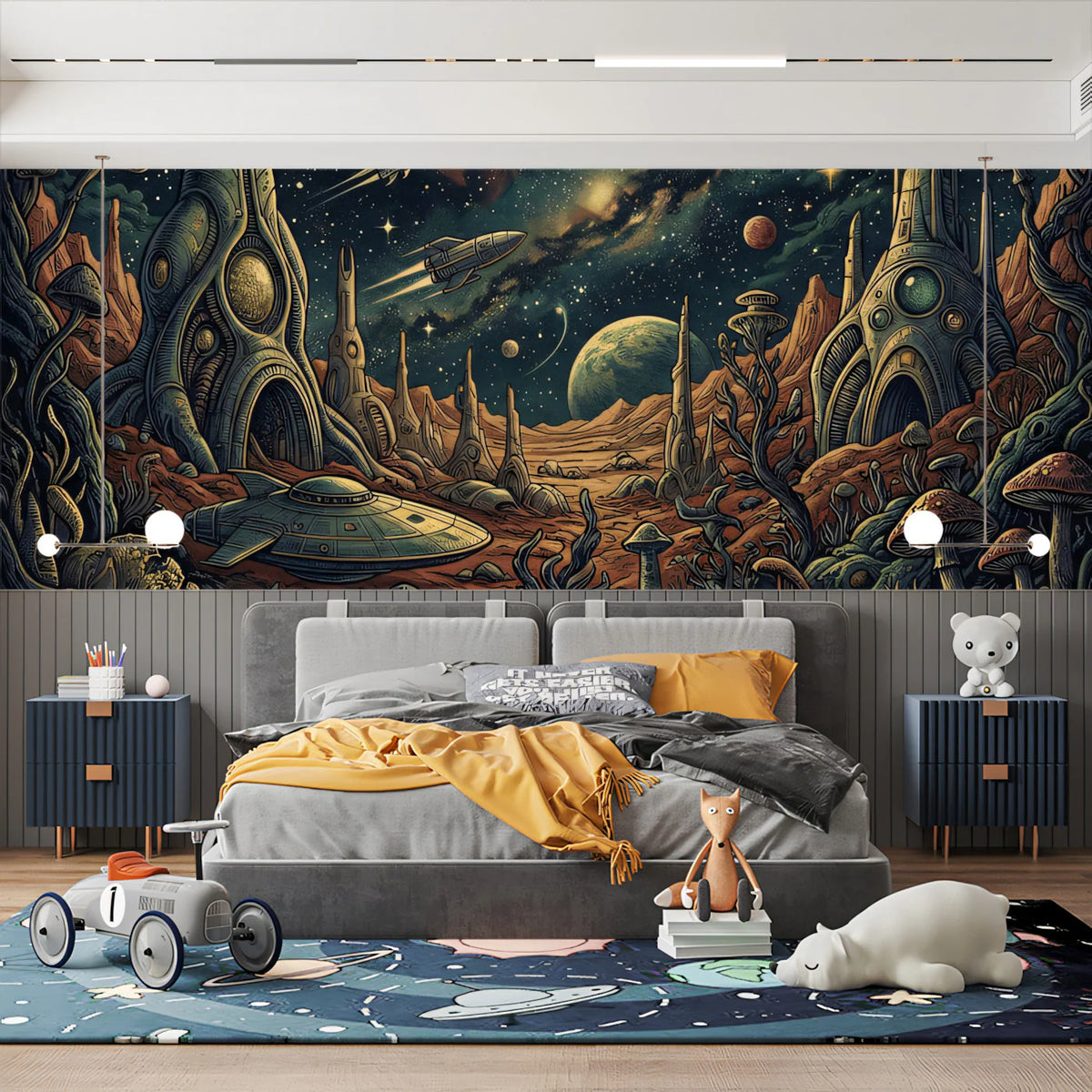 Retro Sci-Fi Planetscape Mural Wallpaper — Vintage Cosmic Art Mural Wallpaper - pure wallpaper artwork