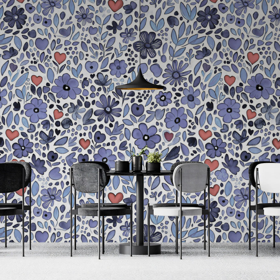 Watercolor Floral and Heart Mural Wallpaper — Whimsical Design Mural Wallpaper