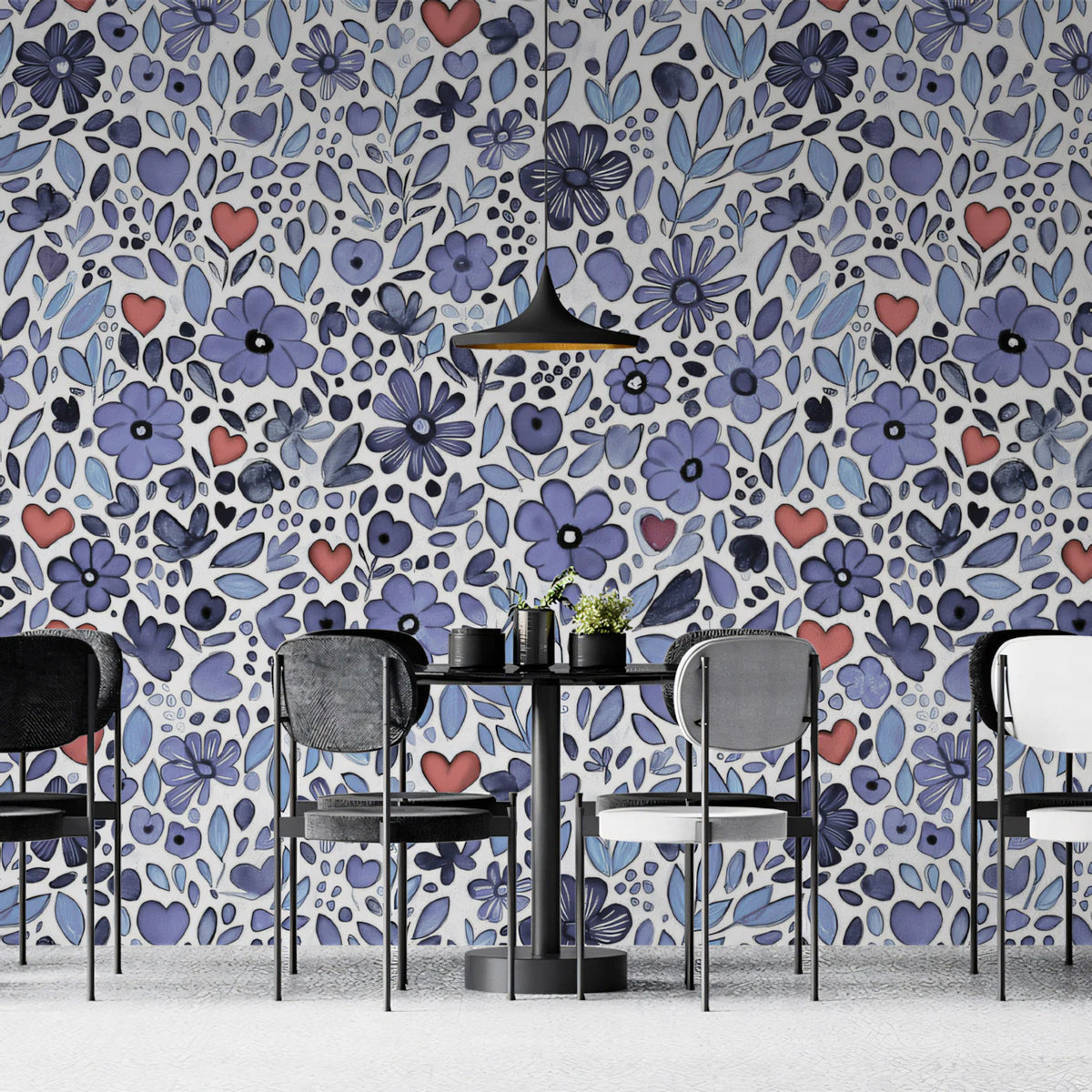 Watercolor Floral and Heart Mural Wallpaper — Whimsical Design Mural Wallpaper - pure wallpaper artwork