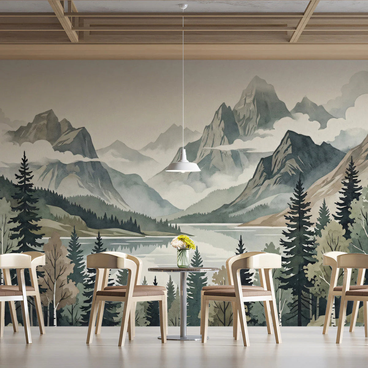 Misty Mountain Lake Mural Wallpaper in Watercolor Style Mural Wallpaper - pure wallpaper artwork