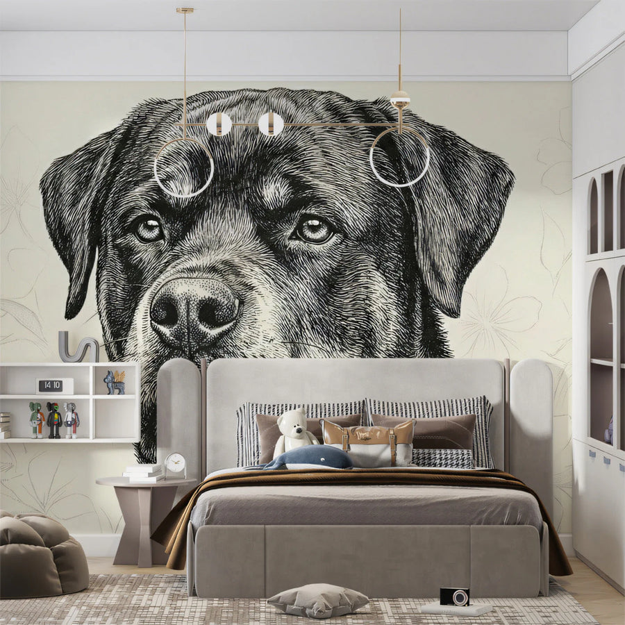 Rottweiler Portrait Mural Wallpaper — Fine Ink Line Art Mural Wallpaper