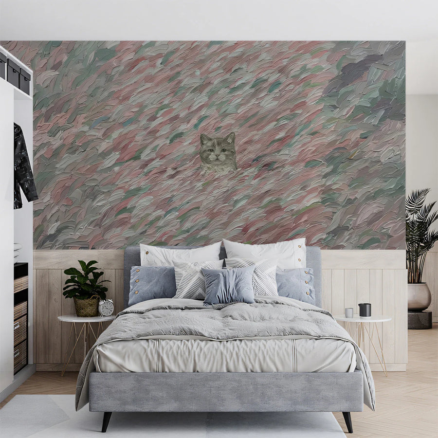 Cat in Impressionist Garden Mural Wallpaper — Soft Palette Art Mural Wallpaper