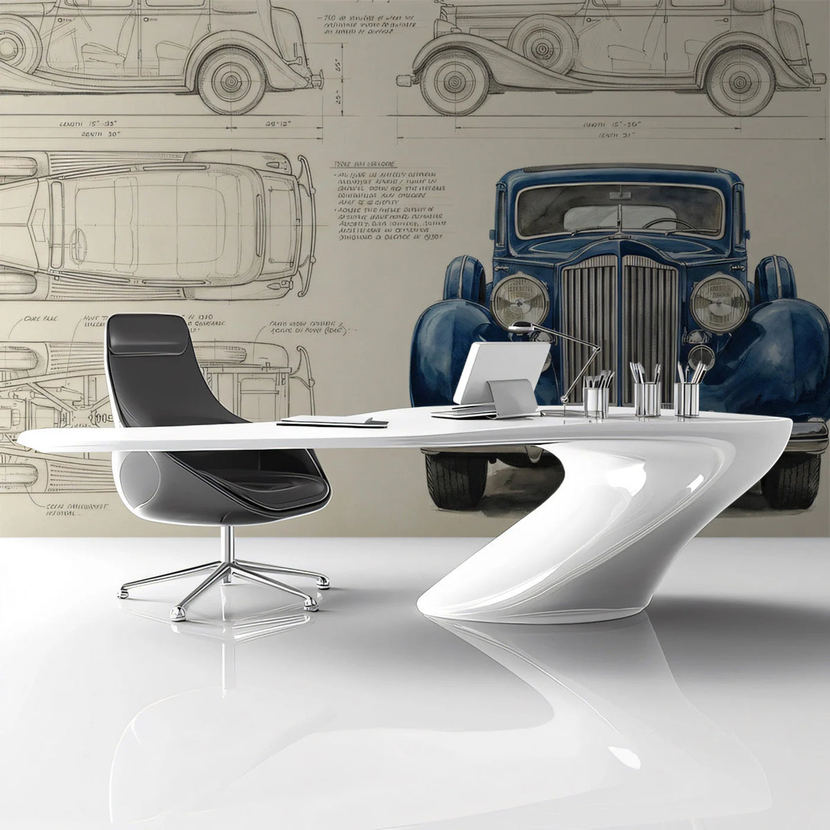 Vintage Automotive Blueprint Mural Wallpaper — Artistic Engineering Mural Wallpaper - pure wallpaper artwork
