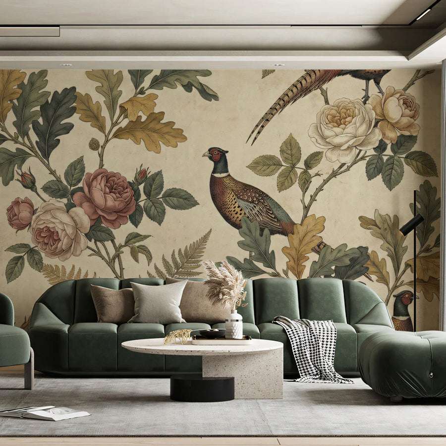 Pheasant and Heirloom Rose Mural Wallpaper in Heritage Palette Mural Wallpaper