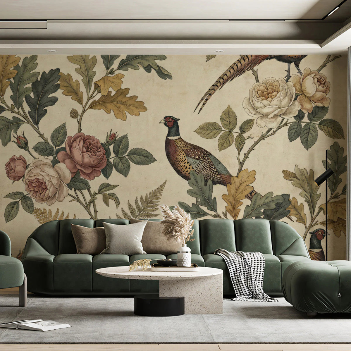 Pheasant and Heirloom Rose Mural Wallpaper in Heritage Palette Mural Wallpaper - pure wallpaper artwork