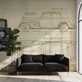Vintage Automotive Blueprint Mural Wallpaper in Sepia and Navy Mural Wallpaper - pure wallpaper artwork