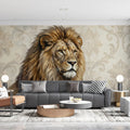 Regal Lion Portrait Mural Wallpaper — Baroque Damask Design Mural Wallpaper - pure wallpaper artwork