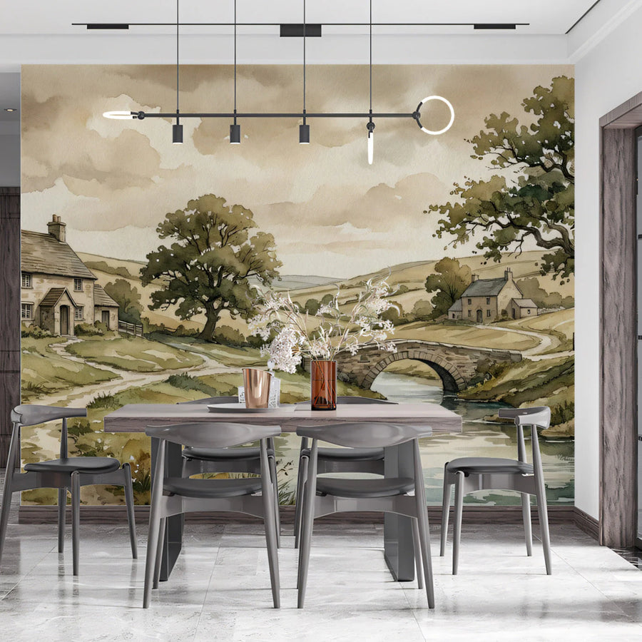 English Countryside Landscape Mural Wallpaper — Vintage Oil Style Mural Wallpaper