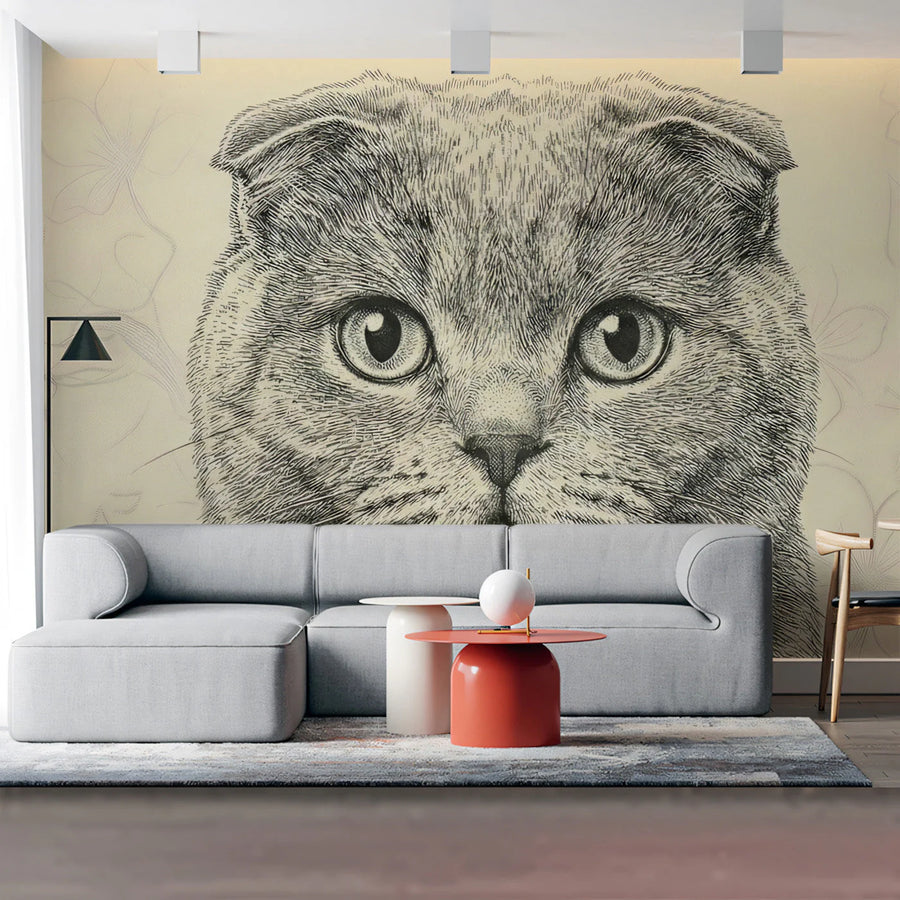 Scottish Fold Cat Illustration Mural Wallpaper — Hand-Drawn Style Mural Wallpaper