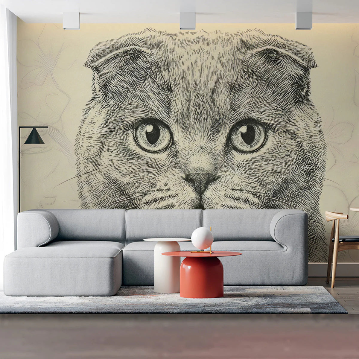 Scottish Fold Cat Illustration Mural Wallpaper — Hand-Drawn Style Mural Wallpaper - pure wallpaper artwork