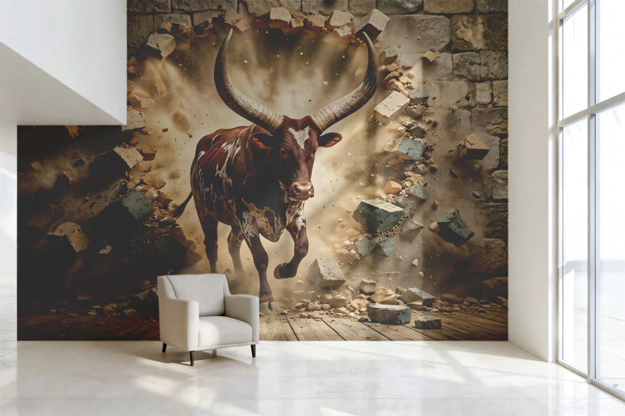 Charging Bull Brick Wall Mural Wallpaper —Dynamic Animal Design Mural Wallpaper