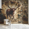 Charging Bull Brick Wall Mural Wallpaper —Dynamic Animal Design Mural Wallpaper - pure wallpaper artwork