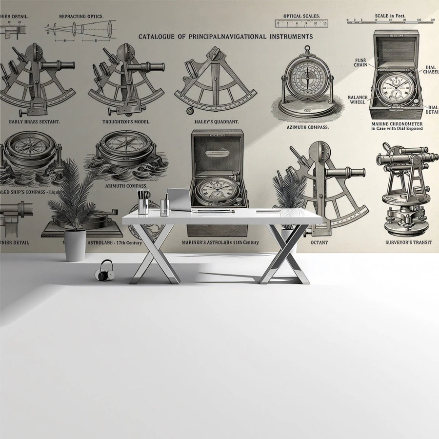 Vintage Navigation Instruments Mural Wallpaper — Academic Study Mural Wallpaper