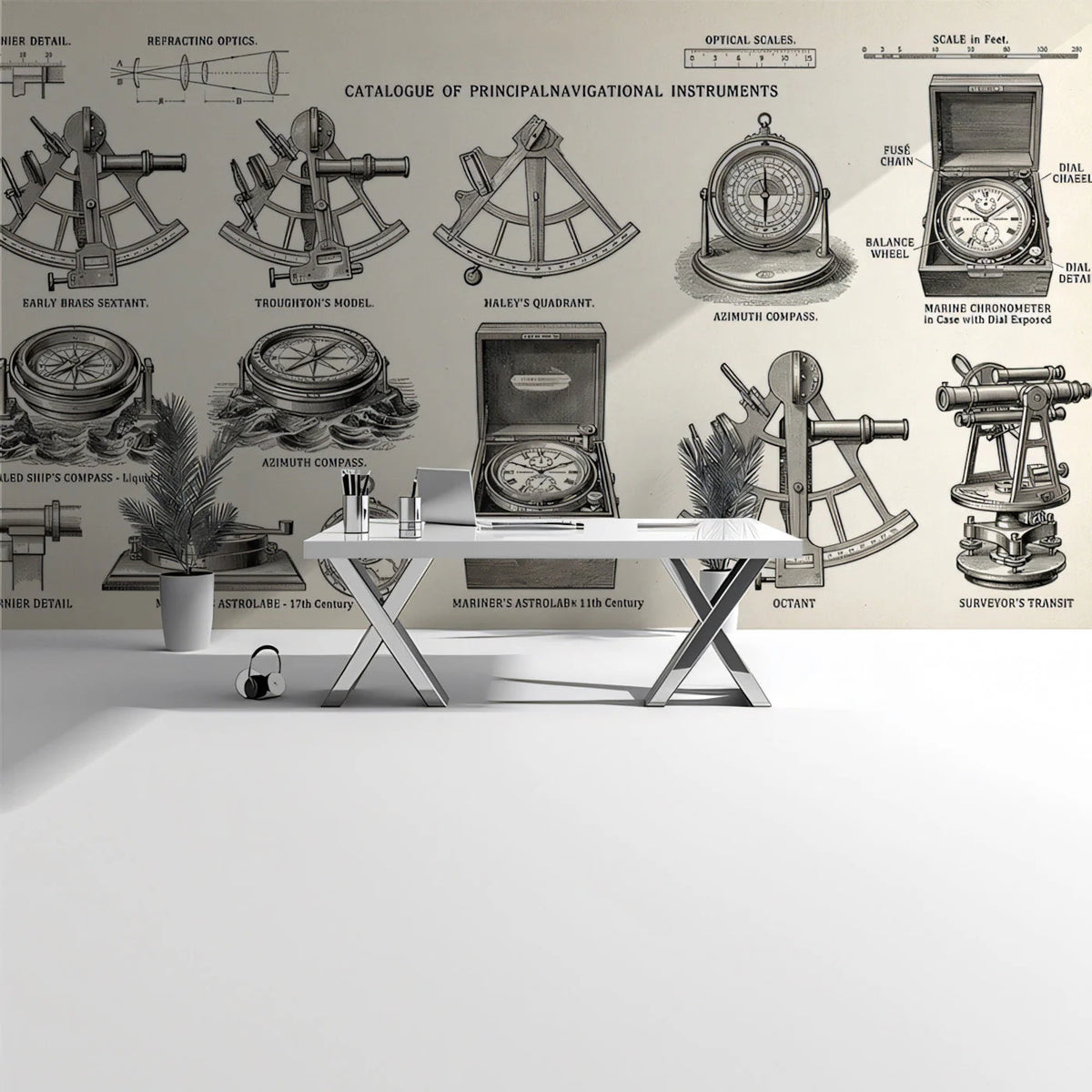 Vintage Navigation Instruments Mural Wallpaper — Academic Study Mural Wallpaper - pure wallpaper artwork
